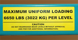 Load limit label for warehouse beam or rack end-frame